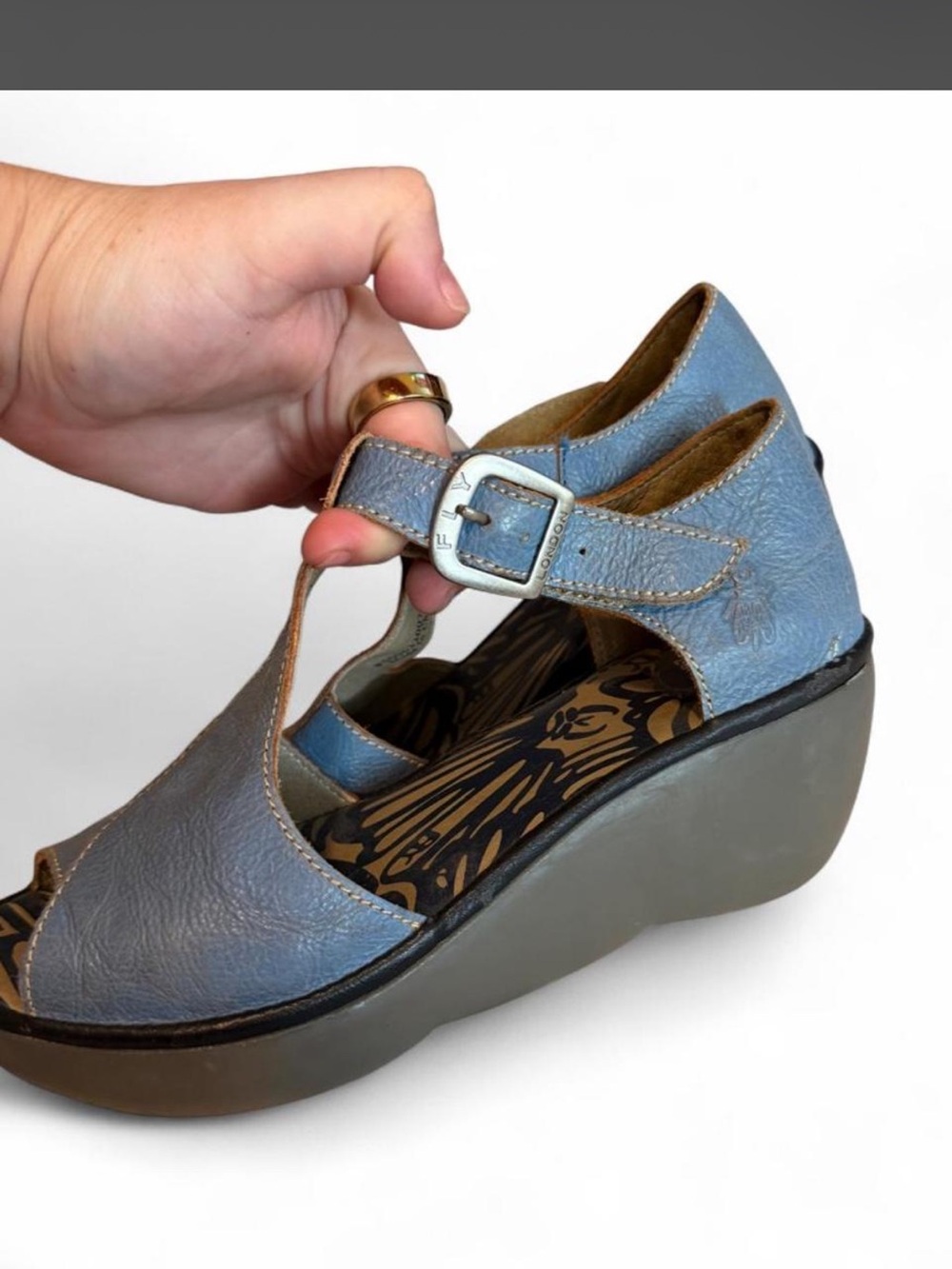 Fly London Light Blue Leather Wedge Sandals - Picture 4 of 7